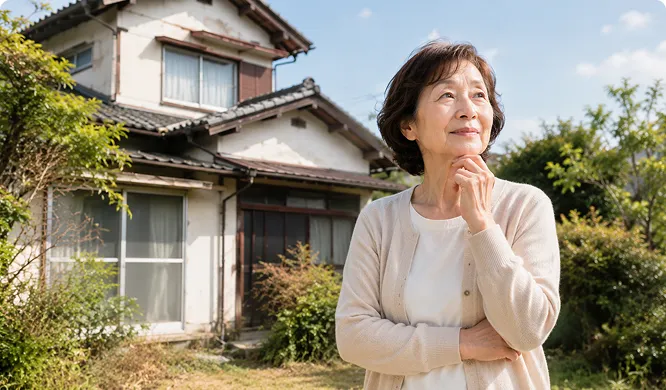 女性が空き家の前でほっとしている様子