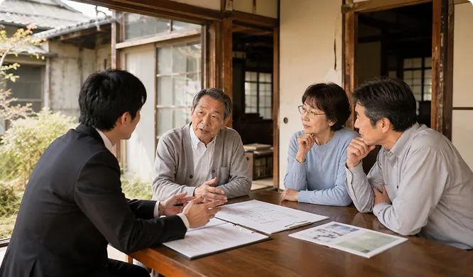 テーブルで4人の大人が話し合いをしている様子