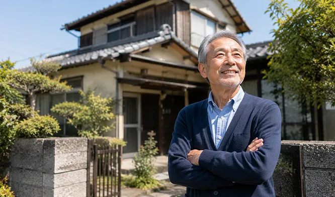 男性が自宅の前で笑顔で遠くを見ている様子