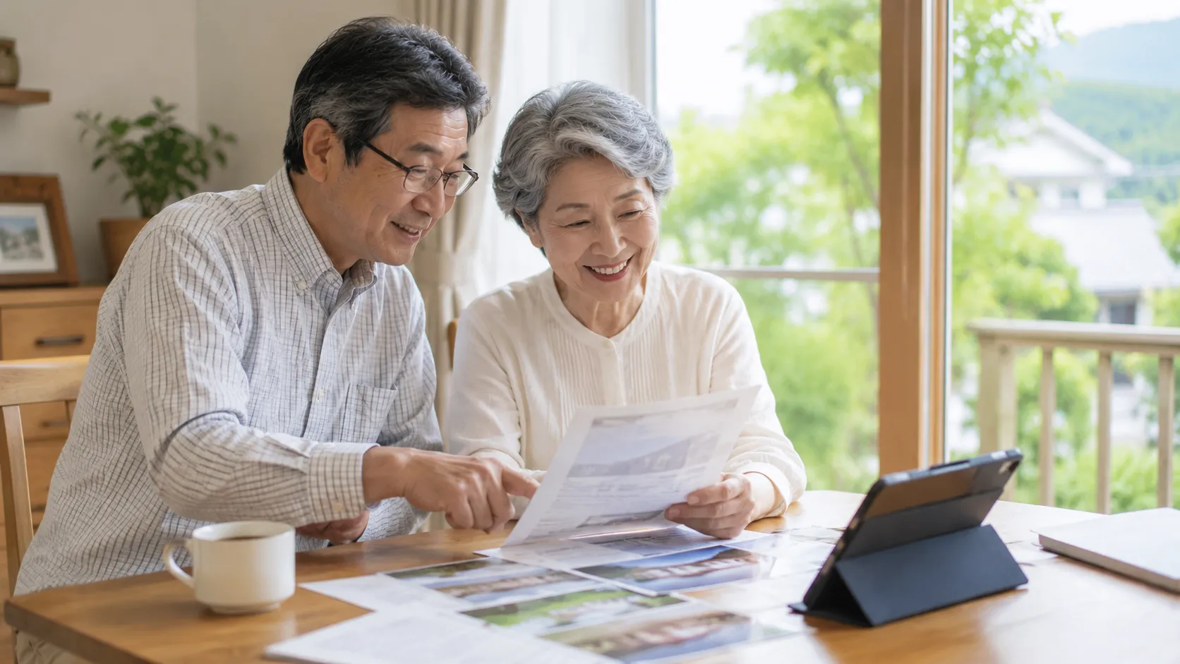 ご夫妻がタブレットと資料を見ながら、笑顔で会話している様子