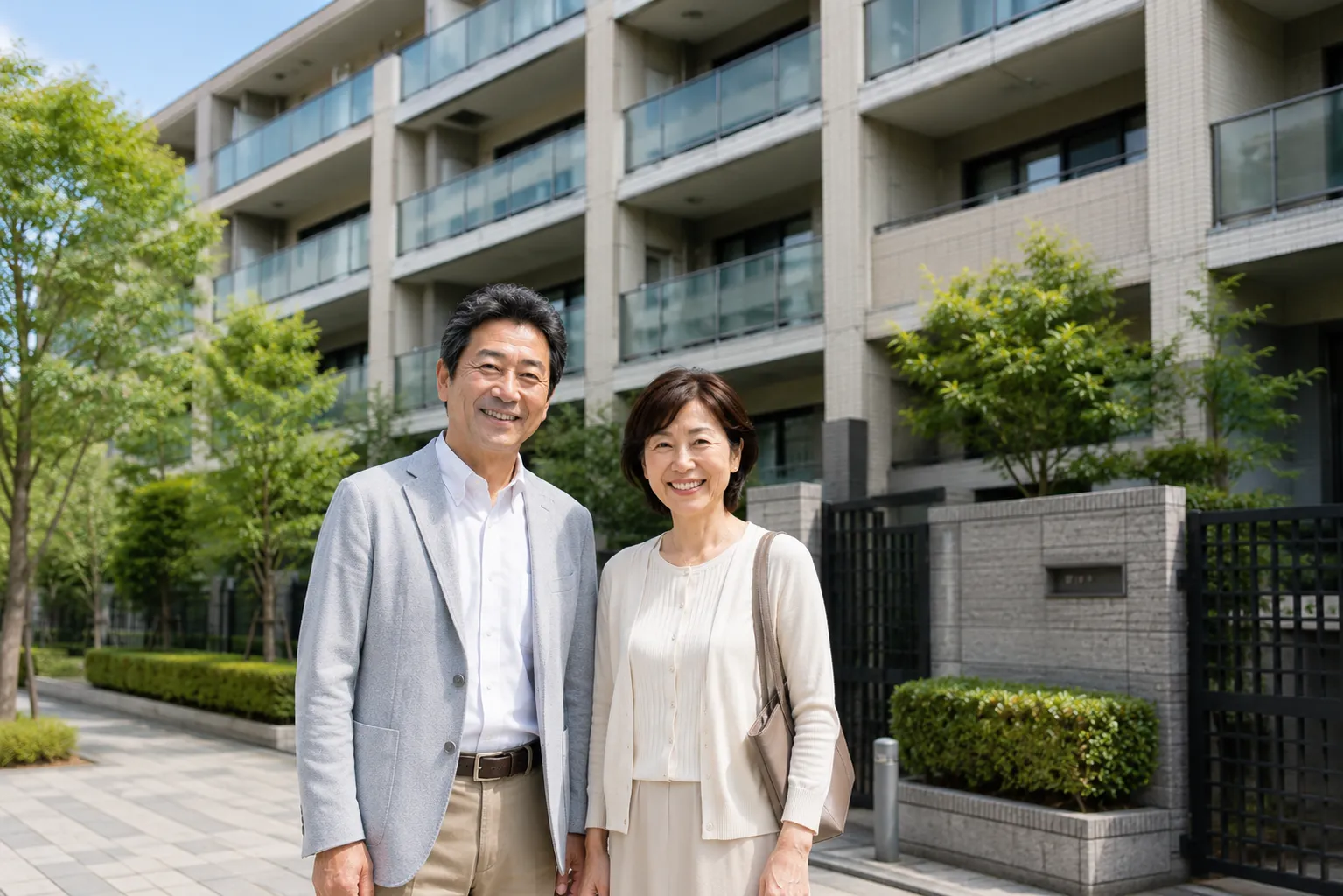 築20年のマンションの前で夫妻が笑顔で挨拶をしている様子
