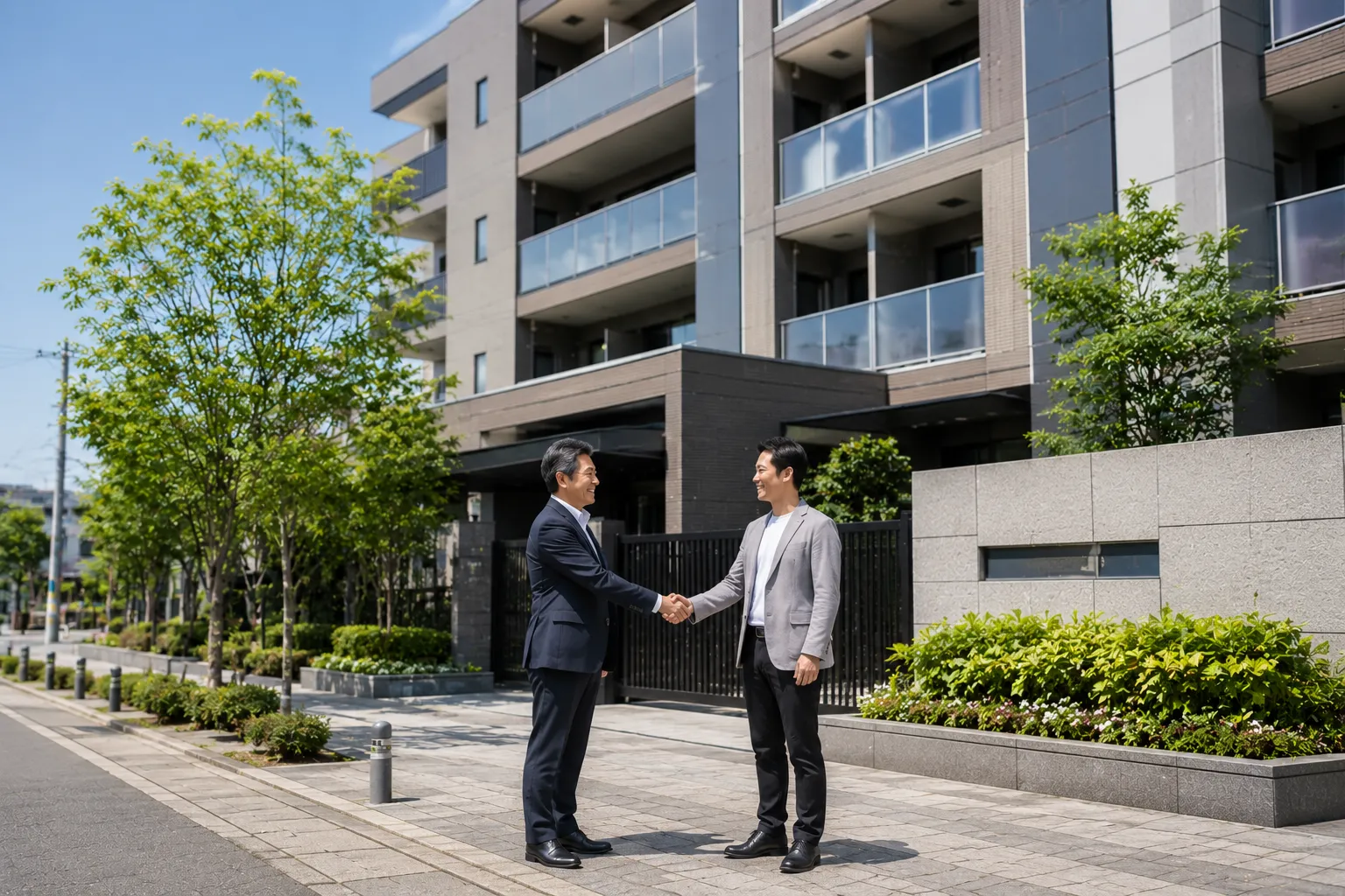 マンションの前で男性と営業マンが握手をしている様子