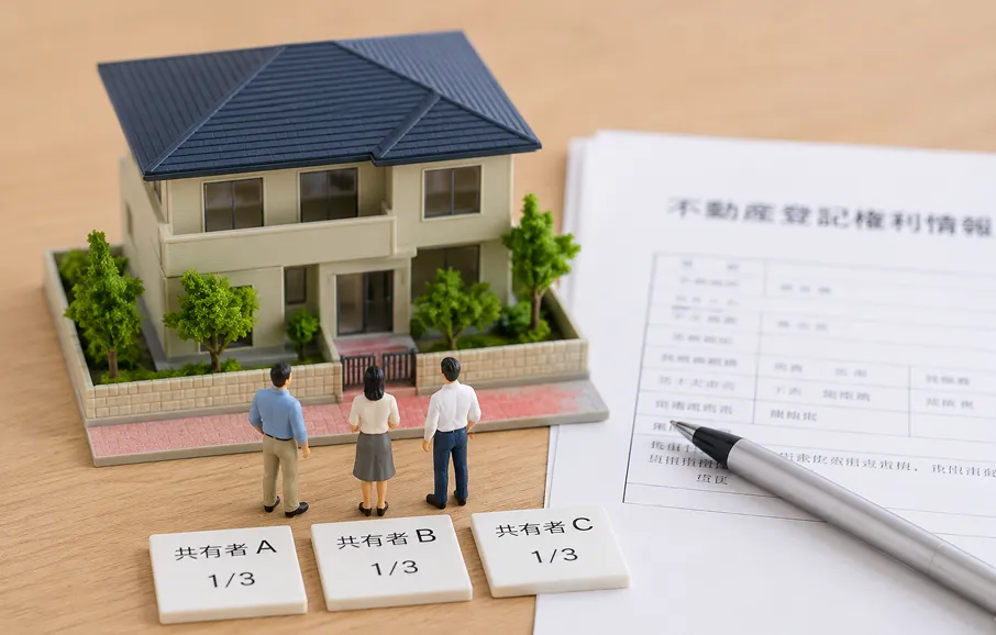 住宅模型の前に共有者A・B・C（各1/3）と書かれたタイルと3人のミニチュア人形が並び、不動産登記権利情報の書類とペンが置かれている