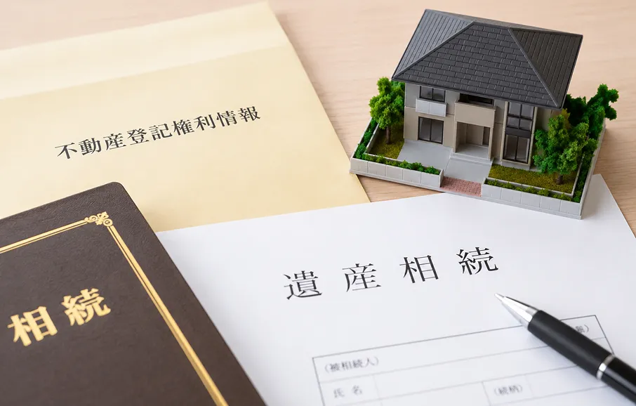 遺産相続の書類、不動産登記権利情報の封筒、相続の冊子、ペン、住宅模型が机上に並んでいる